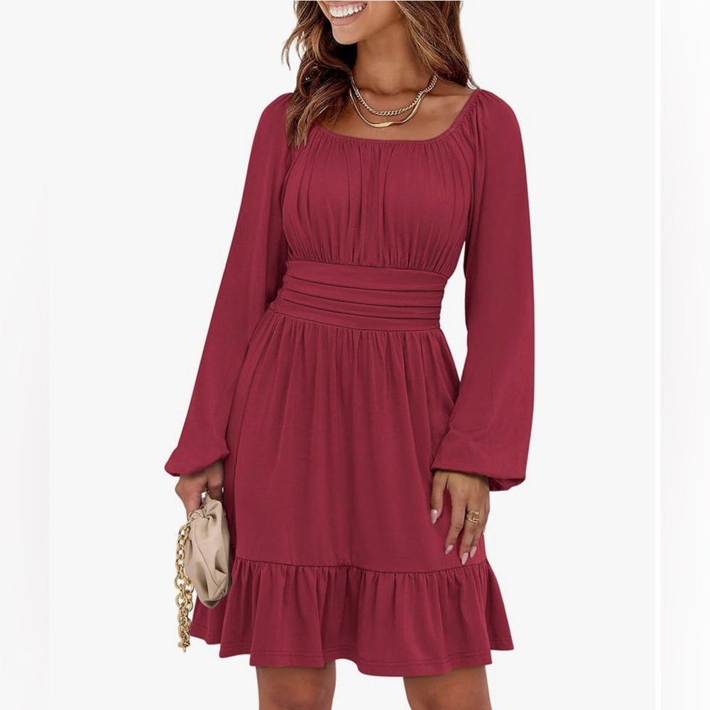 Anrabess Chic Autumn Long Sleeve Burgundy Dress Sz M